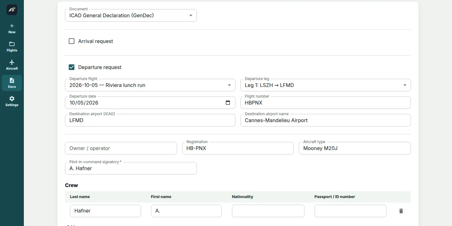 ICAO General Declaration form pre-filled from the first leg