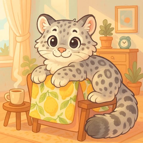 Illustration of Framboisier, a grey spotted cat with snow leopard markings and a long fluffy tail, smiling as he lies over an armchair draped with a lemon-print blanket